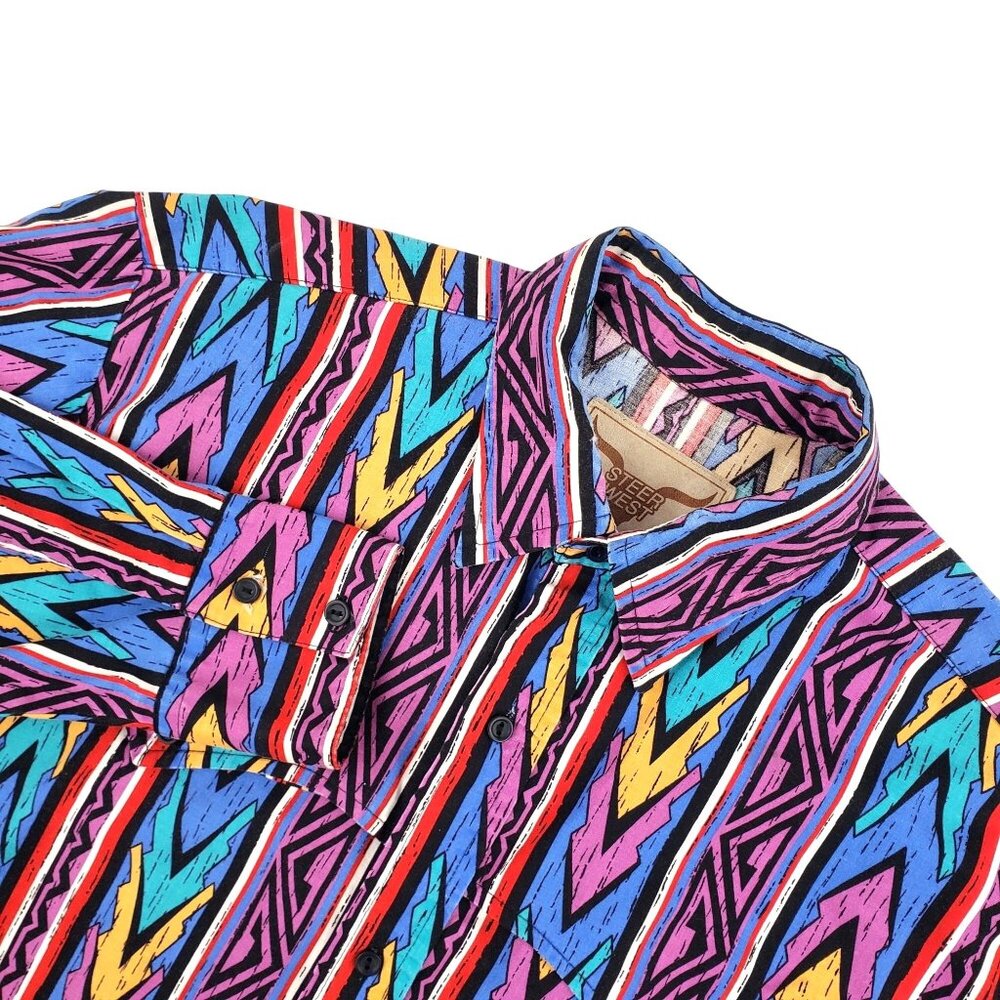 Vtg Steer West Western Shirt Large All Over Print Aztec Cowboy Long Sleeve USA